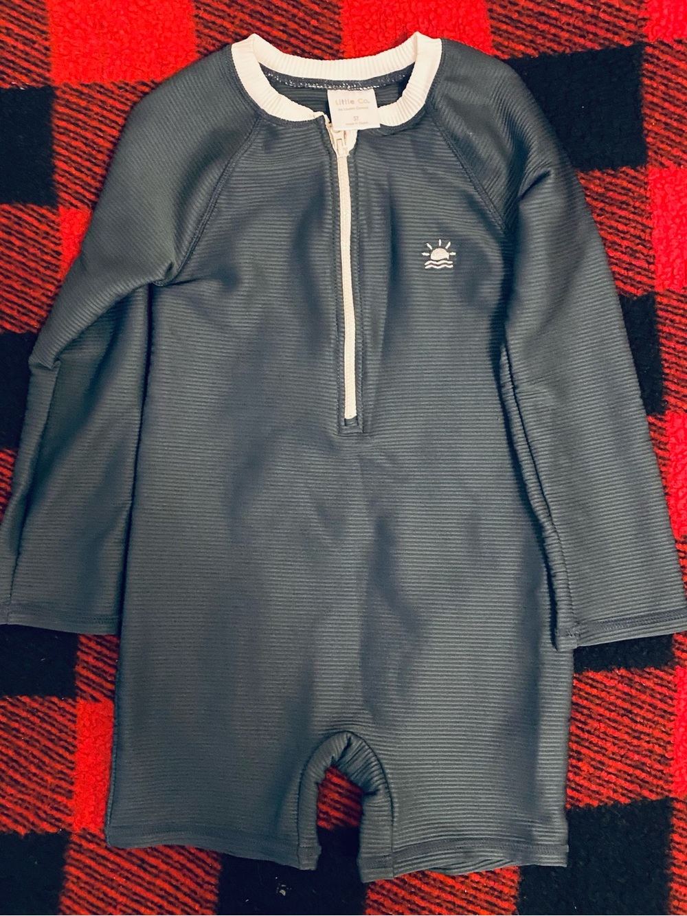 Little Co Black Long-Sleeve Kids One-Piece Footie Swimsuit with White Trim